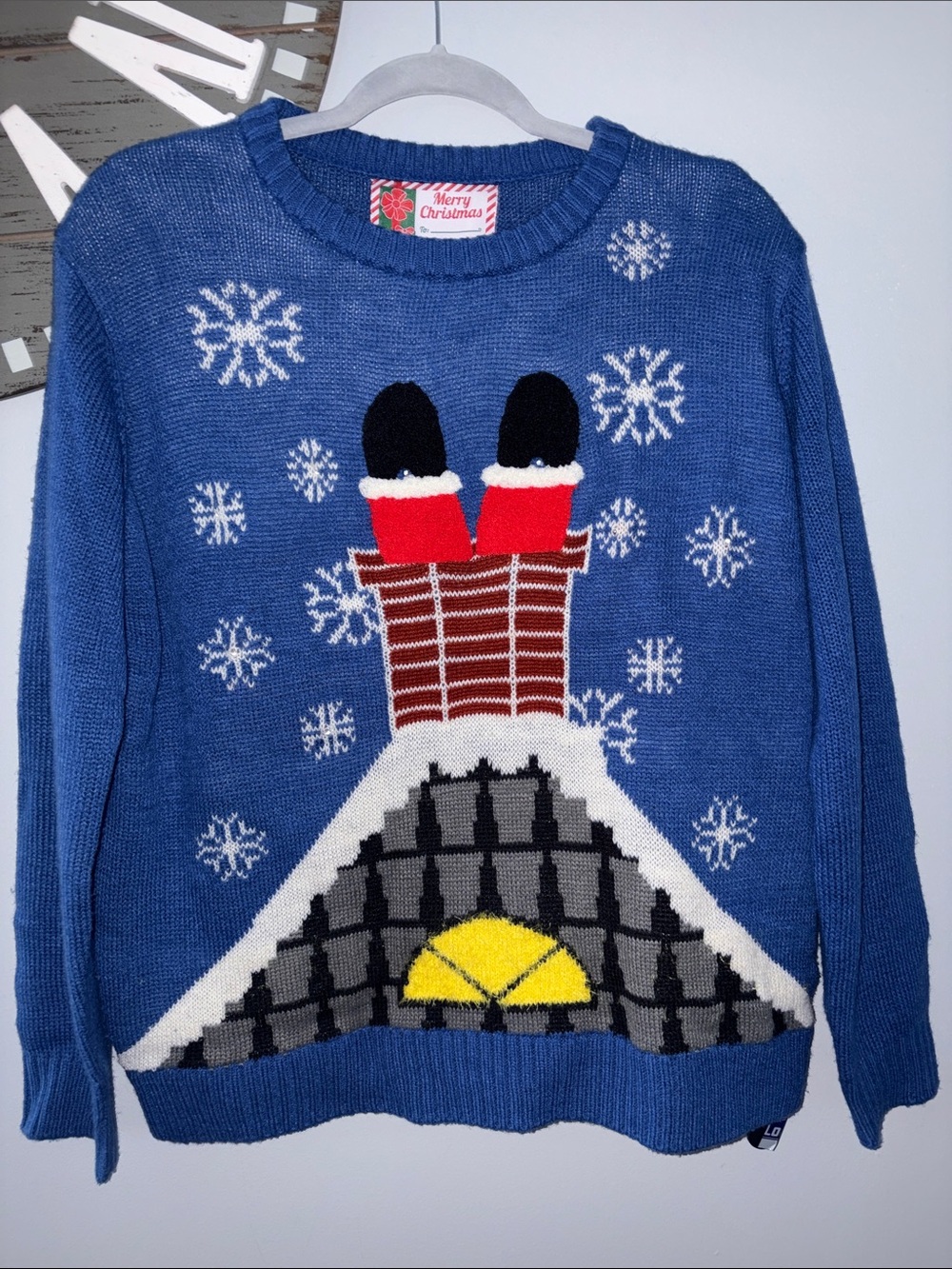 Merry Christmas Blue ugly Christmas Sweater with Chimney Design